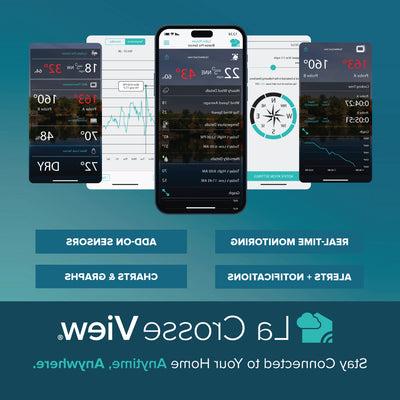 A graphic displaying a phone and multiple app screens with graphs and alerts features. La Crosse View - Stay connected to your home anytime, anywhere. App features - Real-time monitoring, Add-on sensors, Alerts & notifications, Charts & Graphs and more!